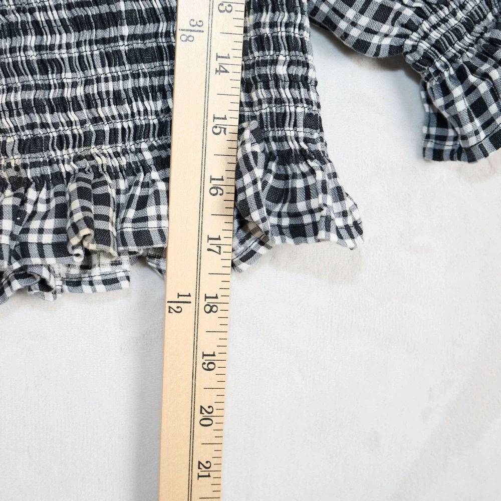 Faithfull The Brand Black White‎ Gingham Linen Smocked Puff Sleeve Blouse S